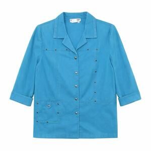 Nancy Bolen City Girl Snap Blazer Women’s 6 Teal Blue Studded 100% Cotton *READ